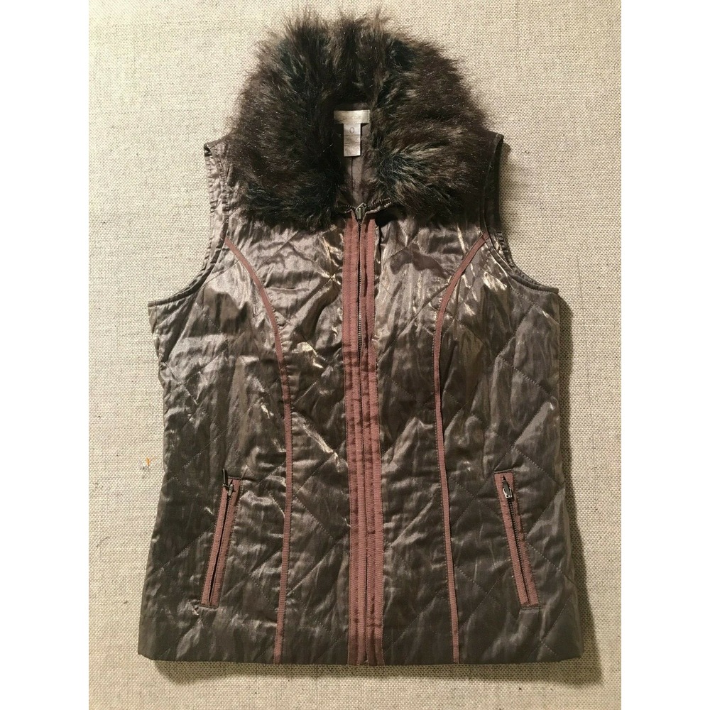 Chico's Women's Vest Jacket Size 0 Nylon Blend Zip Up Faux Fur Trim #1440